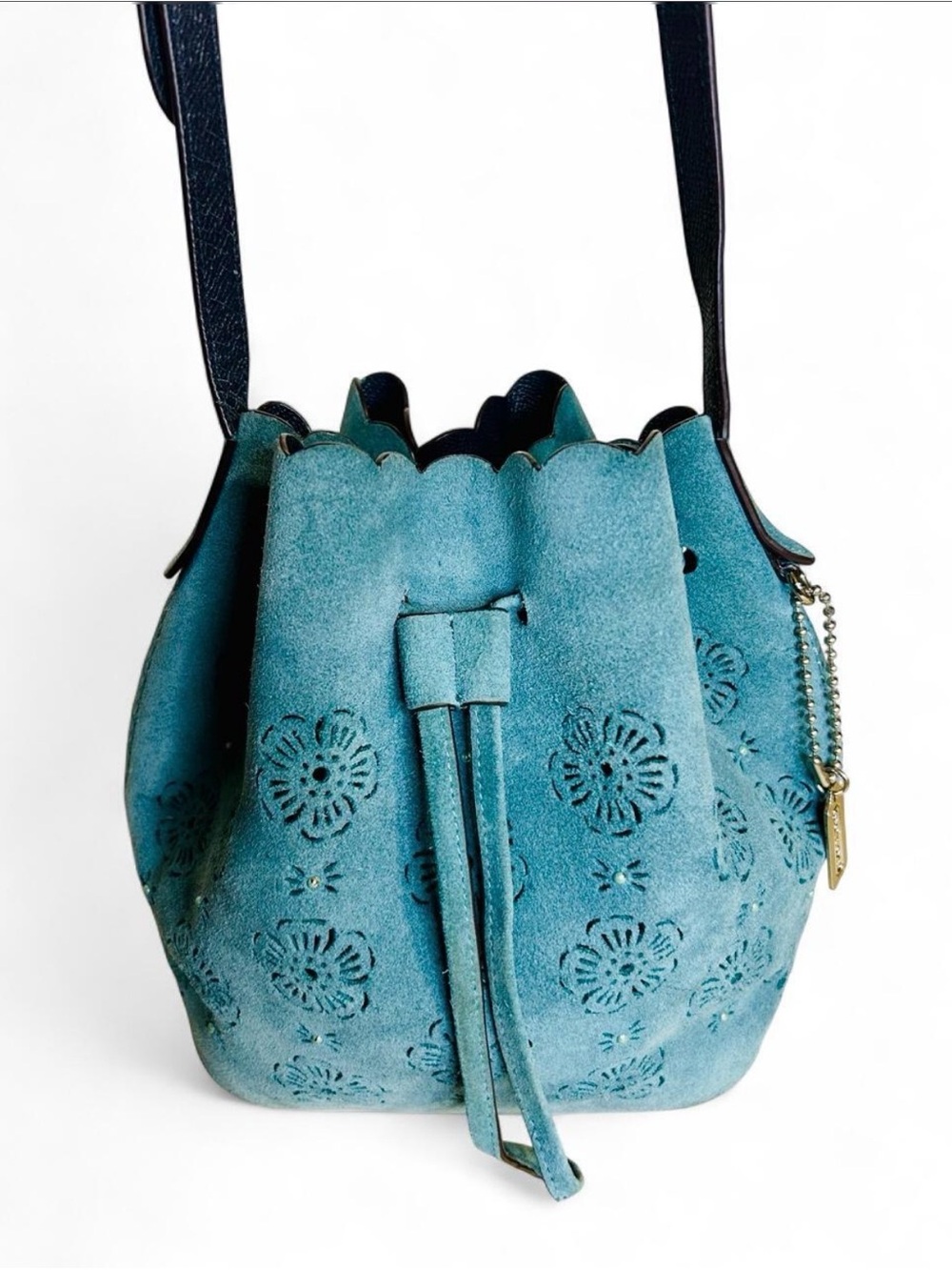 Coach Suede Laser Cut Tea Rose Bucket Crossbody Bag